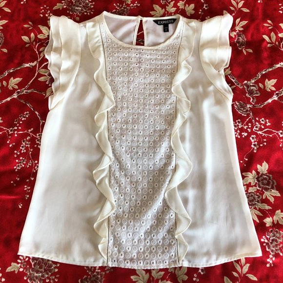Embroidered Ruffled-Front Flutter Sleeve Blouse XS - Picture 6 of 16